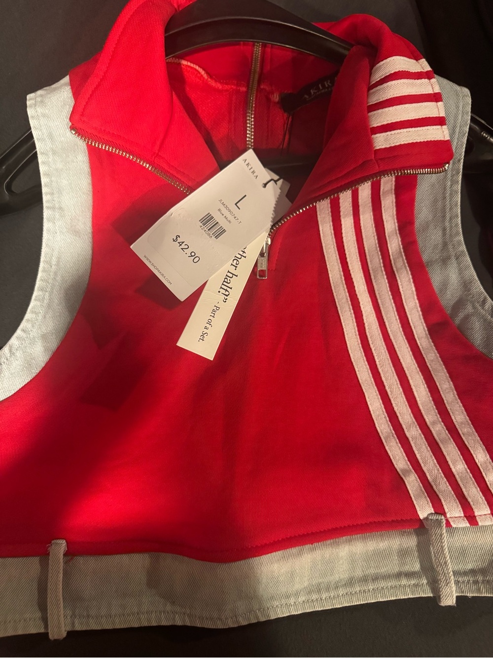 AKIRA Red Crop Tank with Light Blue Trim and Stripe Detail - Picture 2 of 4